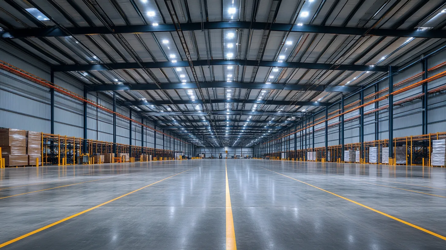 Large industrial warehouse interior with high bay storage
