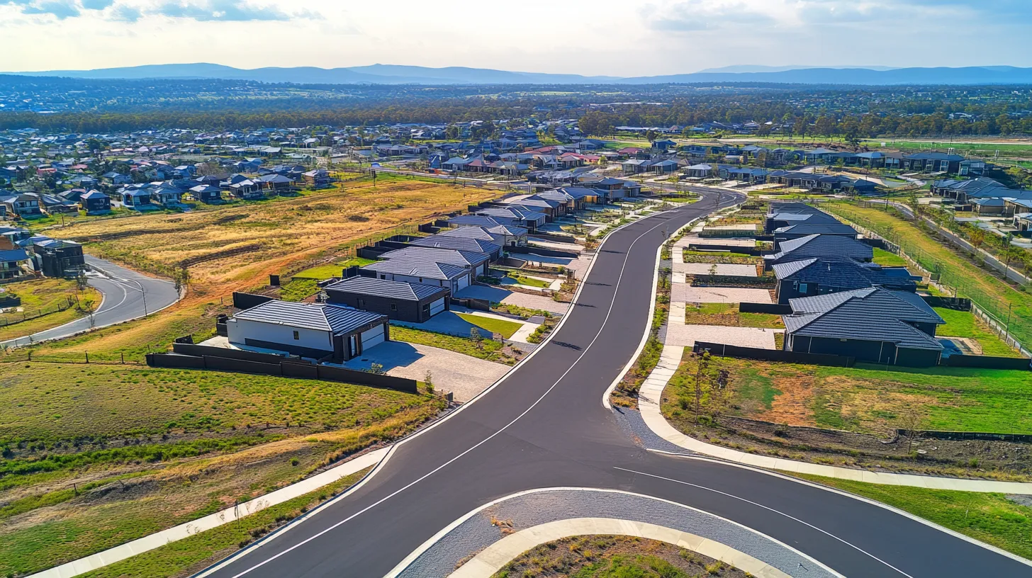 Aerial view of new land subdivision with houses
