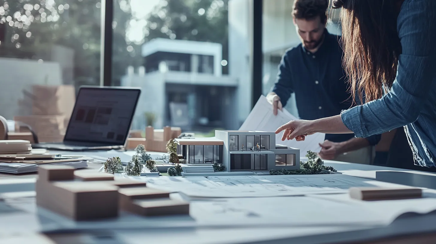 Saleh Group in-house design team reviewing an architectural model and plans