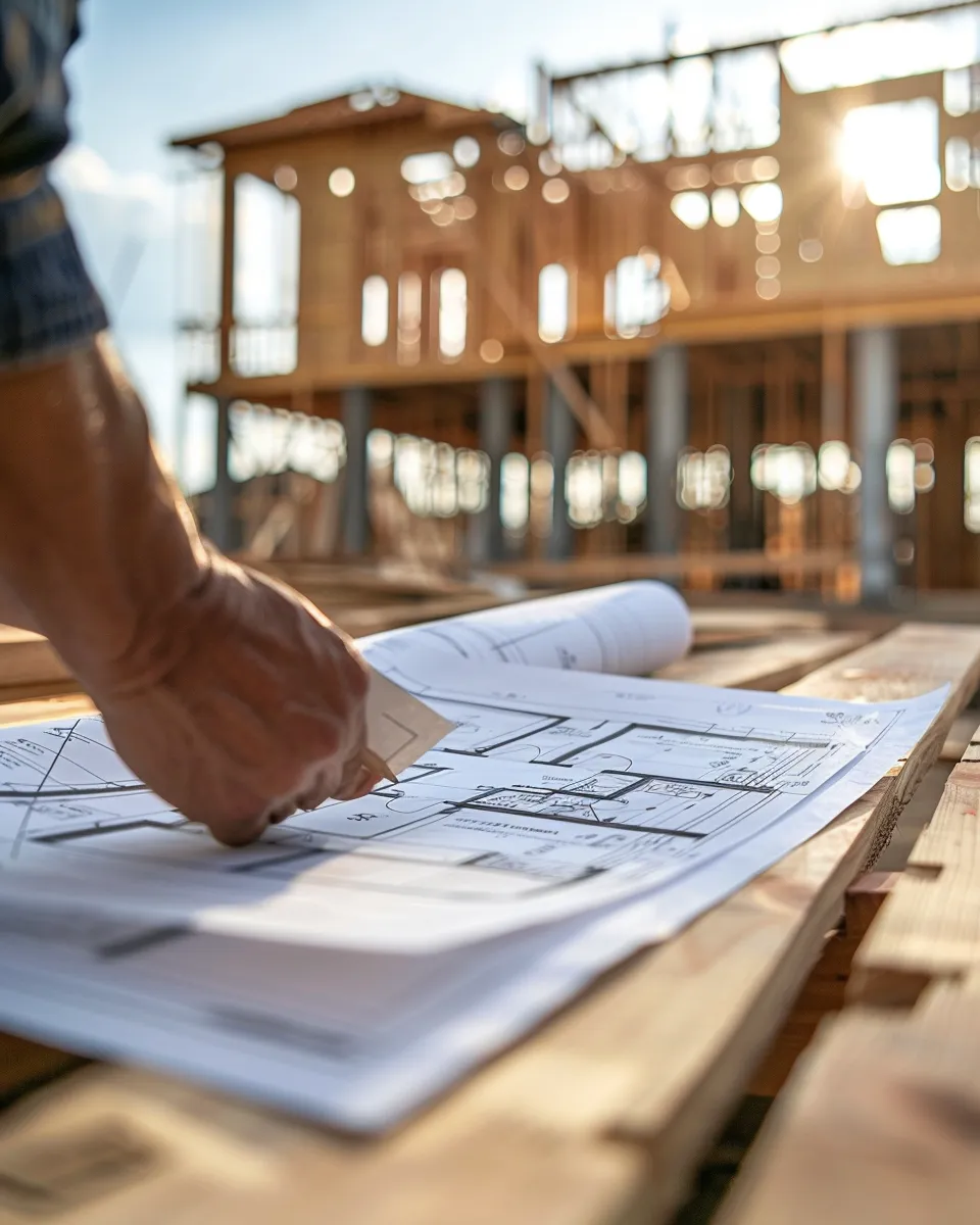 Saleh Homes builder reviewing architectural blueprints on a Melbourne custom home construction site
