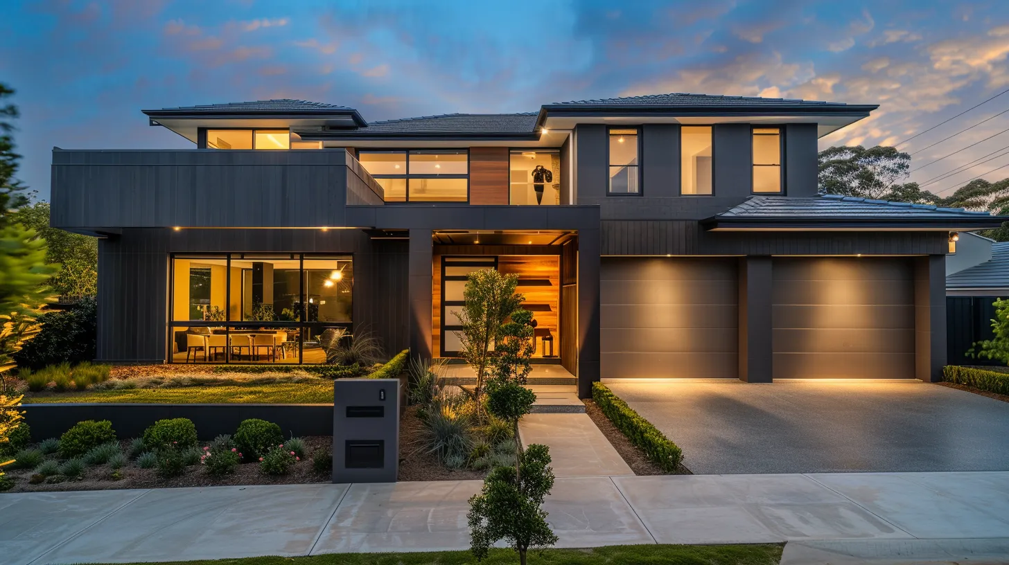 Modern Saleh Homes luxury custom home facade at dusk — Bayside Melbourne knockdown rebuild